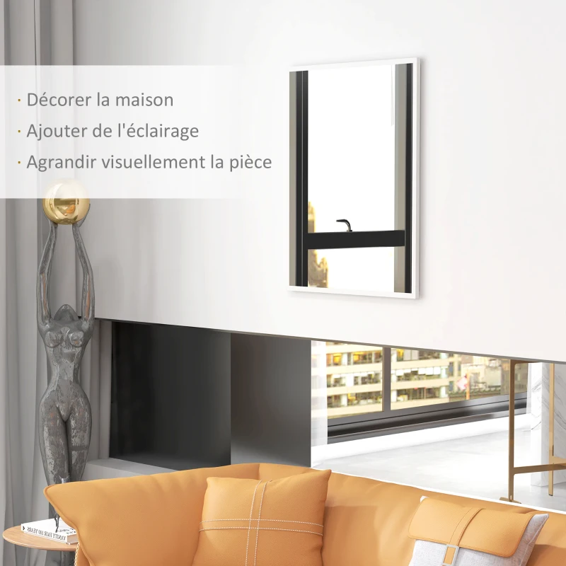 HOMCOM Miroir mural rectangulaire 90 x 70 cm, cadre en bois blanc, idéal pour la salle de bain, salon ou chambre