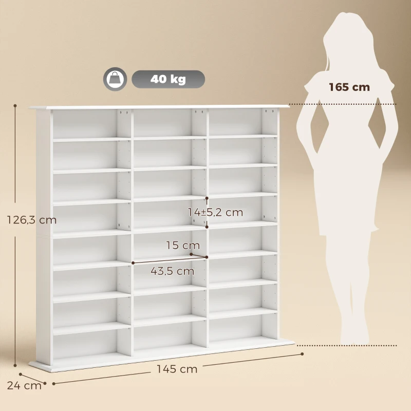 HOMCOM Mueble de Almacenamiento para 1032 CD y 594 DVD Estantería Multimedia 24 Compartimentos y 18 Estantes Ajustables Blanco