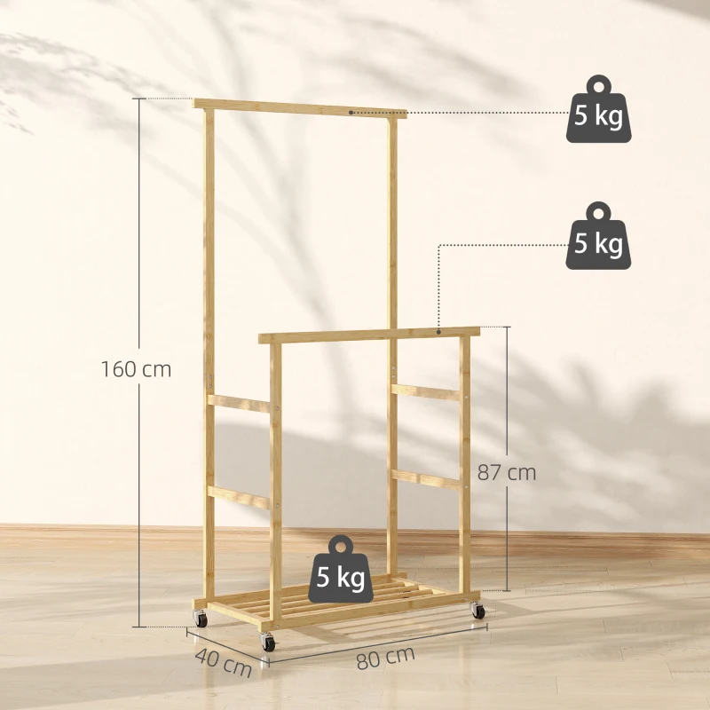 HOMCOM Kledingrek op wielen, garderoberek met kledingstang, schoenenplaat, van bamboe, 80 x 40 x 160 cm, natuur
