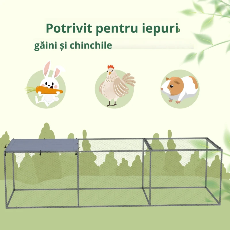 PawHut Țarc cușcă clapier exterior 3 m² pentru animale mici dim. 3 x 1 x 0,8 m oțel galvanizat