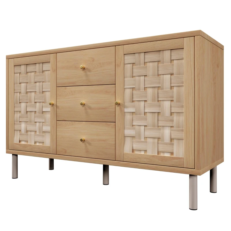 Comodă în stil rustic cu 2 uși, 3 sertare și polițe interioare reglabile pe înălțime, 120x40x70 cm, Culoare naturală
