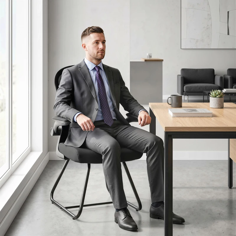 HOMCOM Reception Chair, Conference Meeting Office Chair with Flip-up Armrest, Mesh Backrest, Lumbar Support and Metal Base