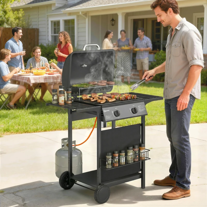 Outsunny Barbecue Gas con 2 Bruciatori, Tavolini Laterali e Termometro Integrato, in Acciaio Inox, 99x56x95 cm, Nero