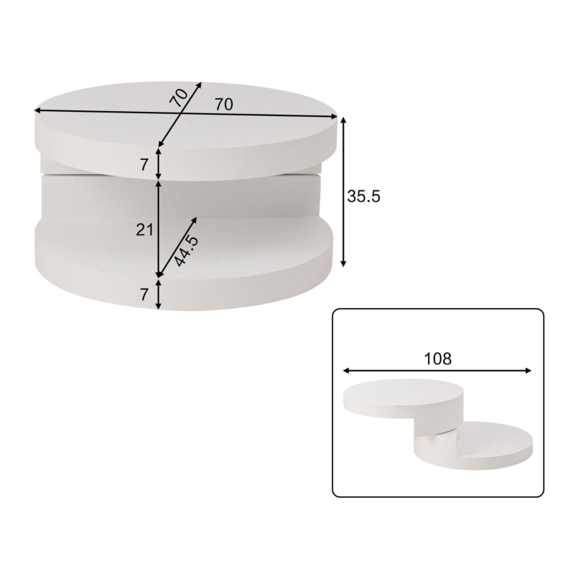 Masă de cafea cilindrică cu blat rotativ la 360°, bandă LED, construcție cu 2 straturi, 70x70x35,5 cm, Alb