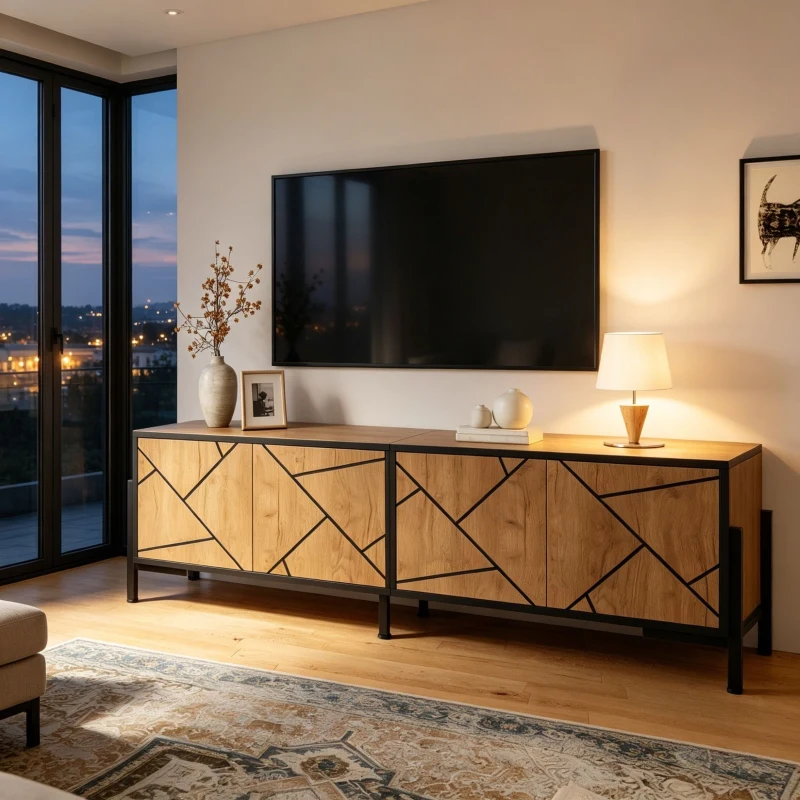 Comodă TV joasă, cu design geometric contrastant, potrivită pentru televizoare de până la aprox. 65 inch, 153x40x50 cm, Culoare naturală