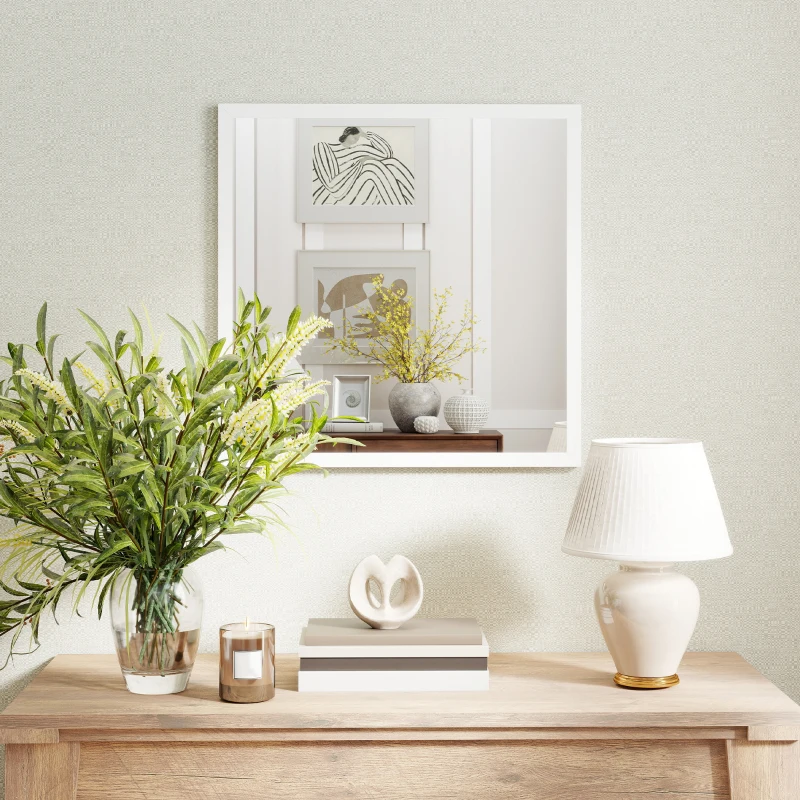 HOMCOM Miroir mural carré 50 x 50 cm, cadre en bois blanc, idéal pour la salle de bain, salon ou chambre