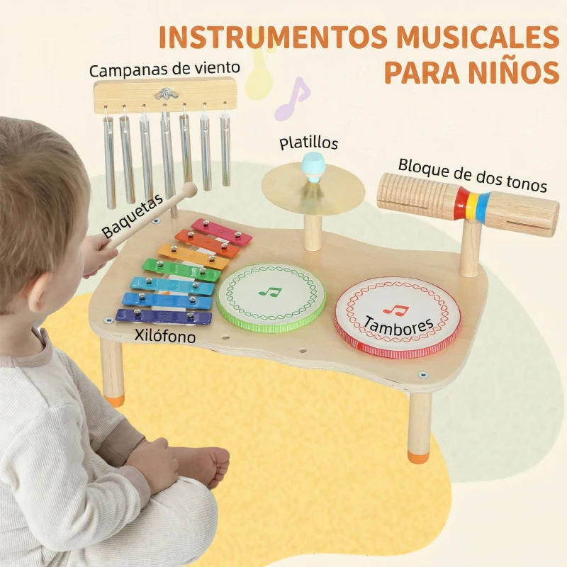 AIYAPLAY Instrumentos Musicales Infantiles de Madera Montessori con Tambor Xilófono Doble Tono Platillo Campana de Viento