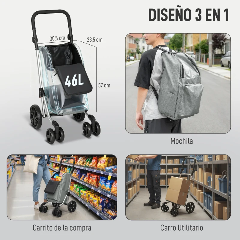 HOMCOM Carrito de Compra Plegable de 46 L Carro 3 en 1 con 6 Ruedas Bolsa Térmica y Asa Ajustable 44x58x100 cm Gris