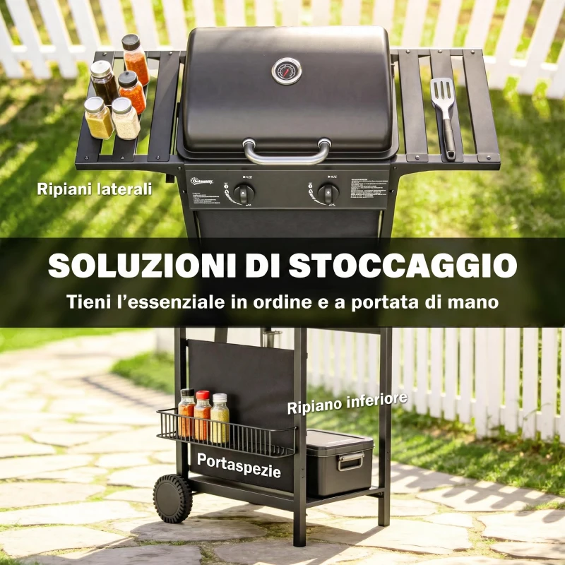 Outsunny Barbecue Gas con 2 Bruciatori, Tavolini Laterali e Termometro Integrato, in Acciaio Inox, 99x56x95 cm, Nero