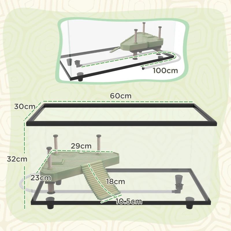 PawHut Acvariu pentru Țestoase 50L Terariu pentru Țestoase Mici cu Platformă Rampă și Termometru 60x30x32 cm Transparent