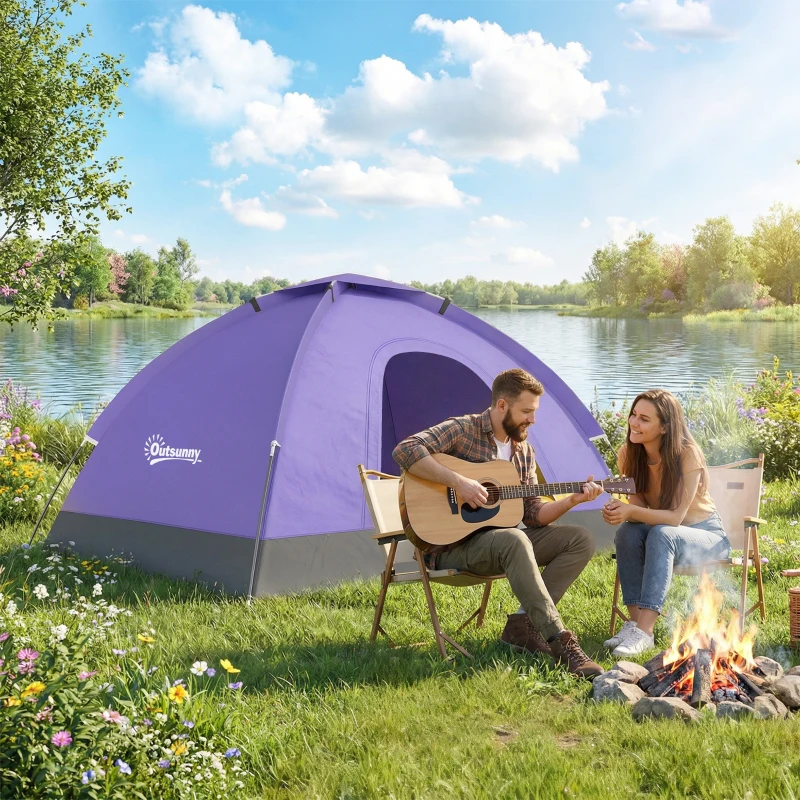 Outsunny 2 Person Camping Tent, Dome Tent with Zipped Doors, Storage Pocket, Portable Handy Bag, Light Purple