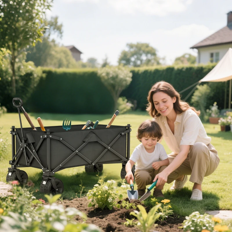 Outsunny Folding Garden Trolley, Outdoor Wagon Cart with Carry Bag, for Beach, Camping, Festival, 120KG Capacity, Black