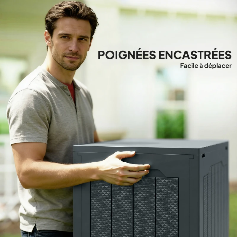 Outsunny Coffre de rangement extérieur 97L avec poignées encastrées, malle de rangement extérieur étanche 56x41x50cm, gris foncé