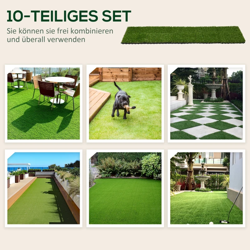 Outsunny Kunstgras, natuurgetrouw, met drainagefunctie, 11K vezels/m², 25mm hoogte, set van 10 stuks van 30x30cm, groen