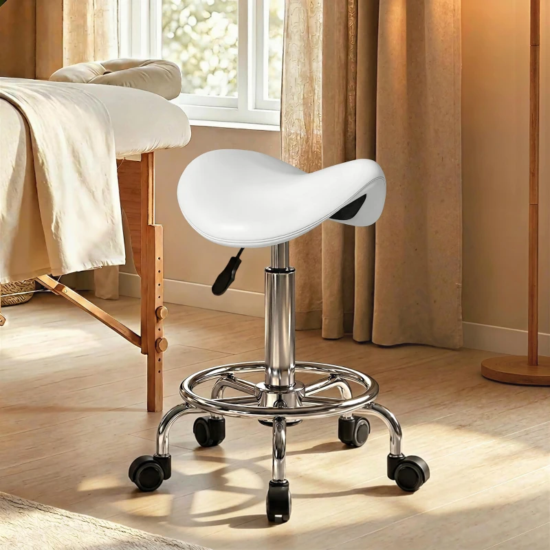 HOMCOM Salon Saddle Stool, Rolling Saddle Chair for Massage, Spa, Clinic, Beauty, Hairdressing and Tattoo, White