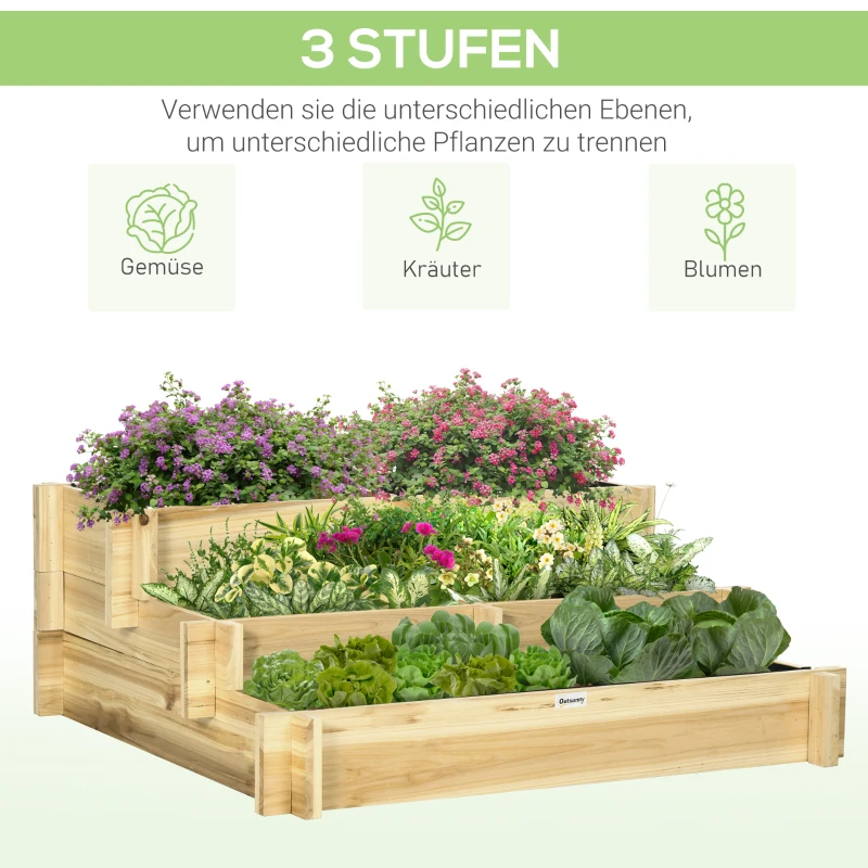 Outsunny verhoogd bed 3-laags bloembak met stoffen voering voor balkonhout
