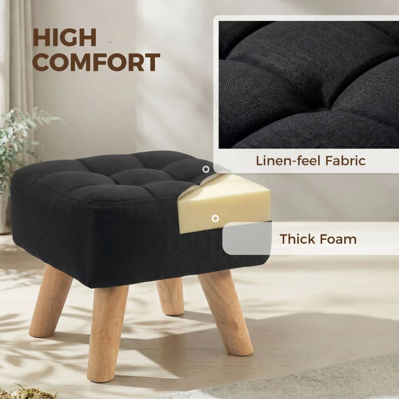 HOMCOM Linen-Look Square Padded Footstool - Black