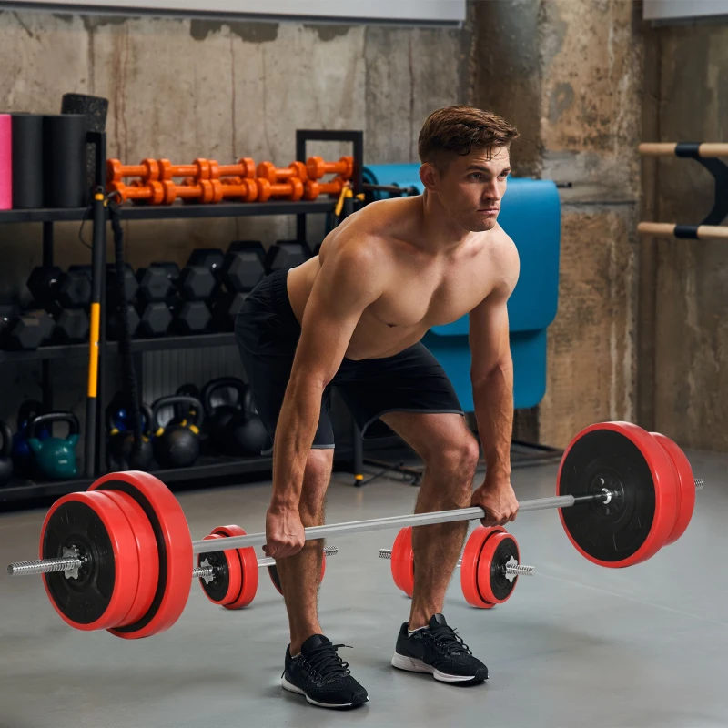 HOMCOM Set Bilanciere e Dischi 65kg totali per Workout in Casa, in Metallo, Sabbia di Ferro e Gomma, Rosso
