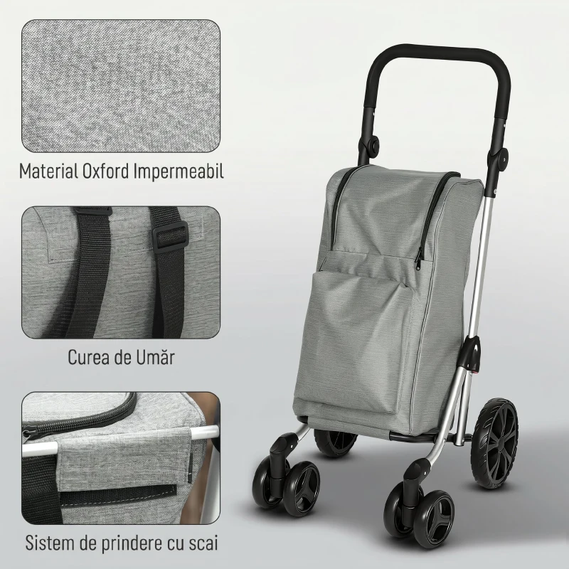 HOMCOM Cărucior de Cumpărături Pliabil din Aluminiu cu Roți, Geantă de 46L, Compartiment Frigorific, Mâner Reglabil, Gri