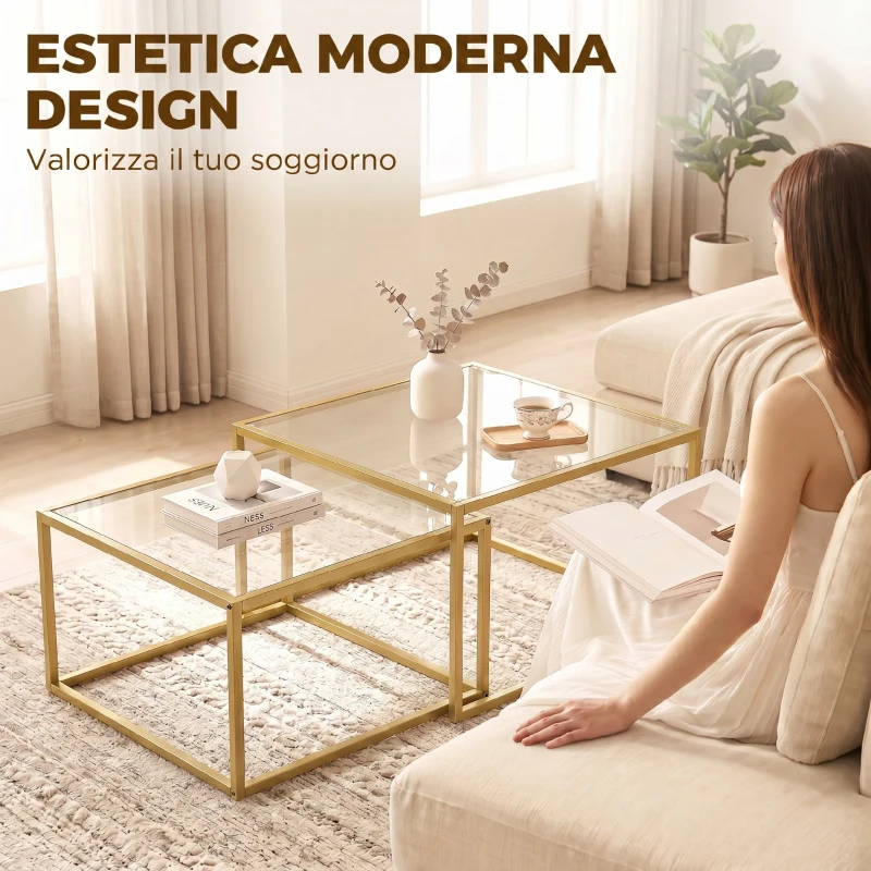 HOMCOM 2 Mesas de Centro Cuadradas Mesas Nido Modernas con Tablero de Vidrio Templado y Estructura Metálica 75x75x42 cm Dorado