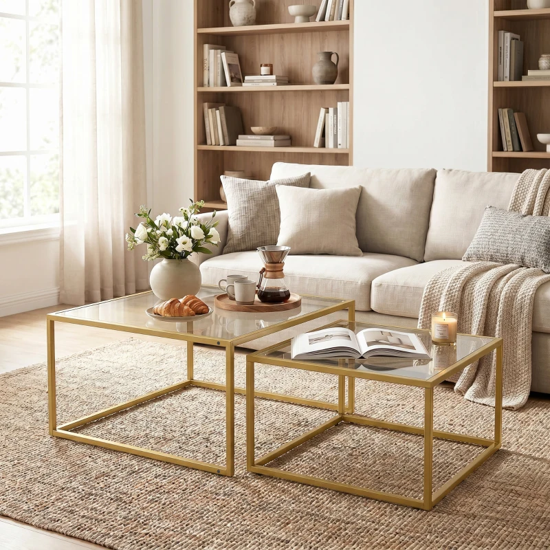 HOMCOM 2 Mesas de Centro Cuadradas Mesas Nido Modernas con Tablero de Vidrio Templado y Estructura Metálica 75x75x42 cm Dorado