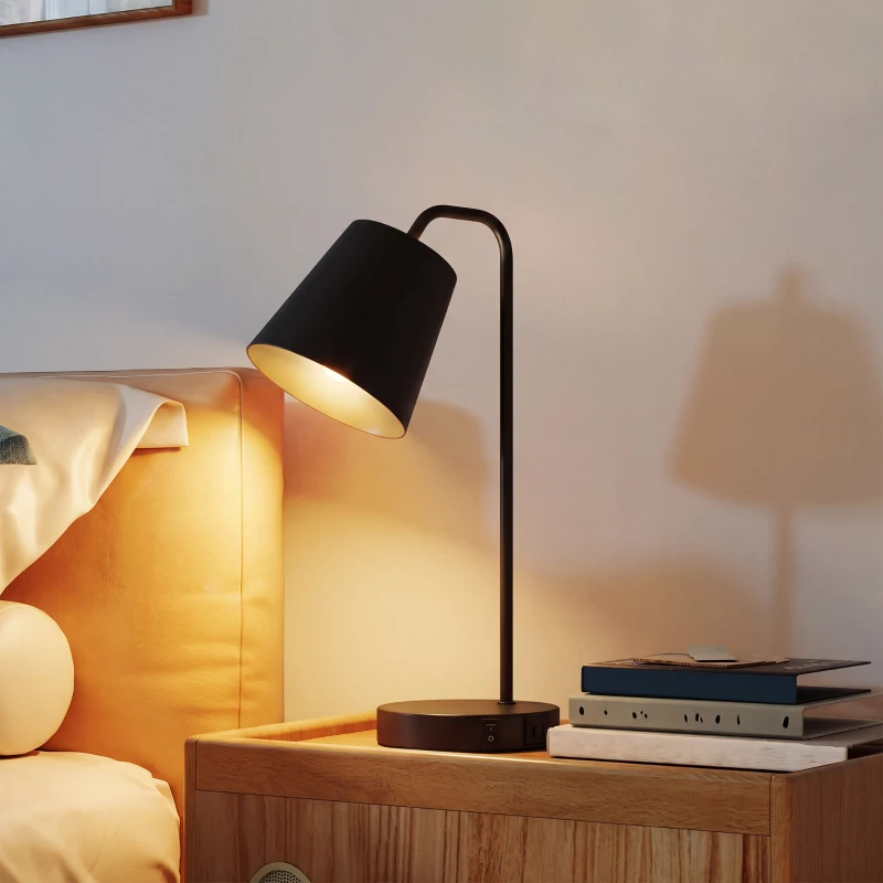 HOMCOM Set de Lámparas de Mesa 2 Unidades Lámparas Modernas con Puerto USB-A y USB-C para Dormitorio Salón y Oficina Negro