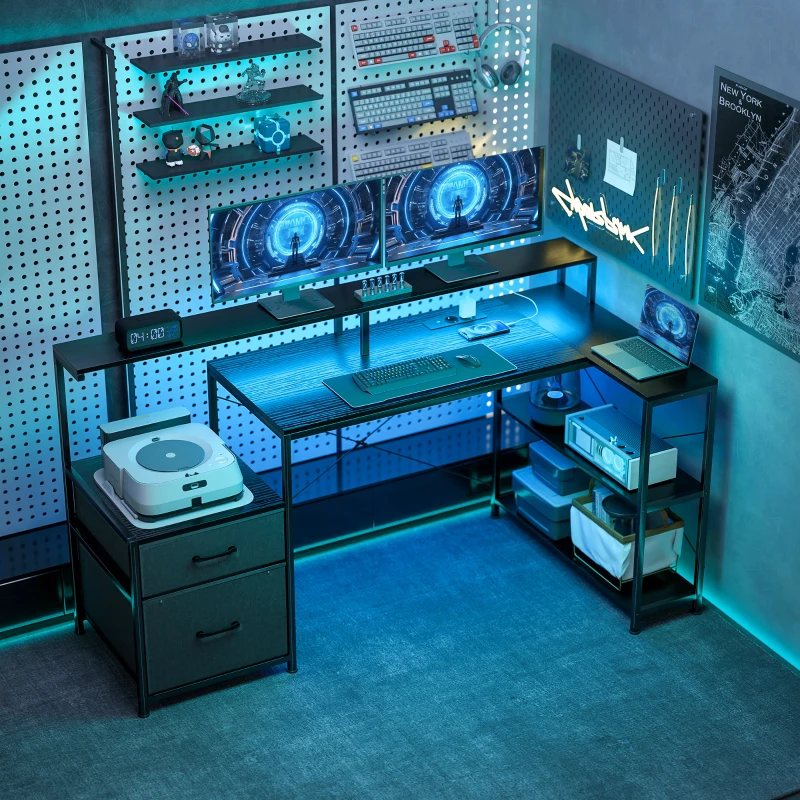 HOMCOM Gamingbureau L-vormig bureau met LED & stopcontacten, met dubbel monitorhouder, 165x80x91,5 cm, zwarte houtlook