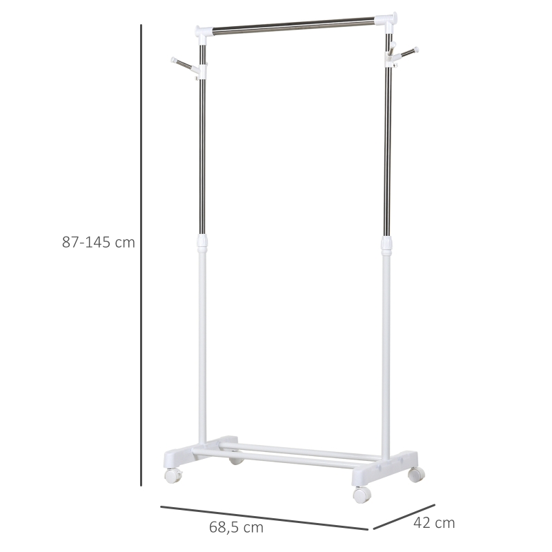 HOMCOM Rollende garderobestander, hoogteverstelbaar, met onderste plank, 4 wielen, Wit