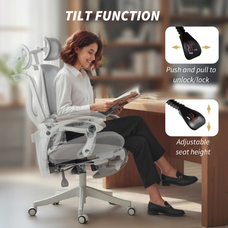 HOMCOM Chaise Bureau Ergonomique avec Appui-Tête Réglable, Fauteuil de Bureau Inclinable en Maille, Dossier Séparé, Gris