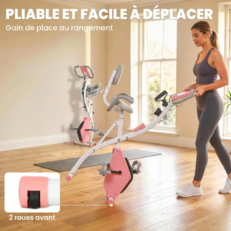 HOMCOM Vélo d'Appartement Pliable 4-en-1 - Ergomètre Magnétique Silencieux avec Cordes de Résistance - Sport Maison et Cardio-training avec Roulettes, Selle Confort et LCD (Max 120kg), Rose