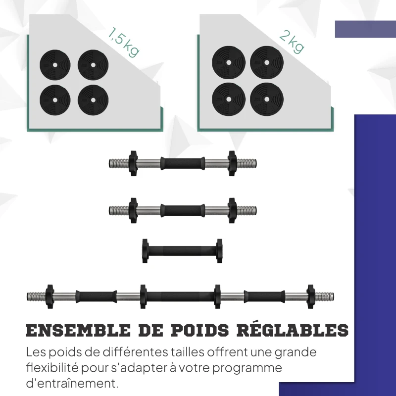SPORTNOW Haltères 2 en 1 réglables, haltères libres avec poignées antidérapantes, 15 kg - barres incluses noir et vert
