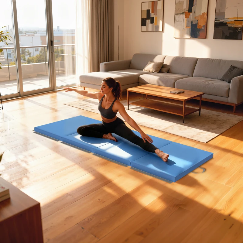 HOMCOM Tapis de gymnastique yoga pilates fitness pliable en 4 avec poignées revêtement synthétique 180 x 80 x 5 cm bleu clair
