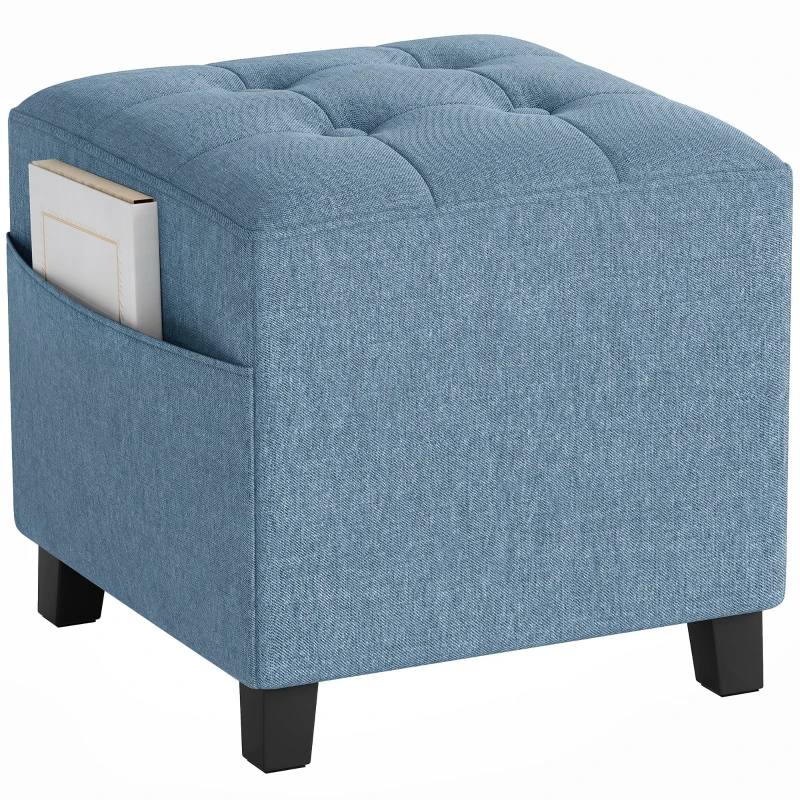HOMCOM Small Ottoman, Square Footstool with Side Pocket, Rubber Wood Legs and Padded Seat for Living Room, Dark Blue