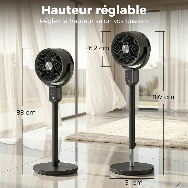HOMCOM Ventilateur sur pied silencieux 20 dB, oscillation 70°+90°, 8 vitesses, télécommande, minuterie 12H, hauteur réglable