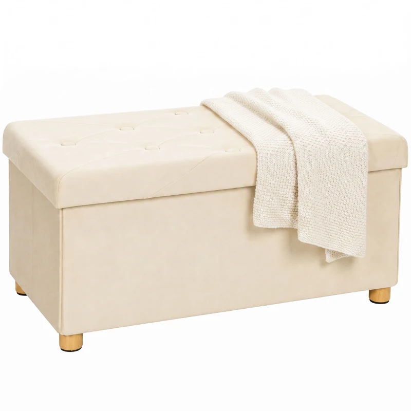 HOMCOM Velvet Upholstered Foldable Ottoman Footrest, Storage Ottoman Bench with Wood Legs for Living Room, Cream White