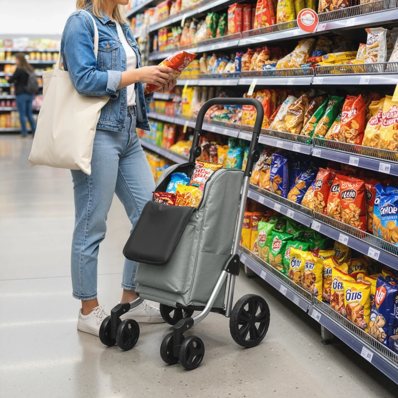 HOMCOM Carrito de Compra Plegable de 46 L Carro 3 en 1 con 6 Ruedas Bolsa Térmica y Asa Ajustable 44x58x100 cm Gris