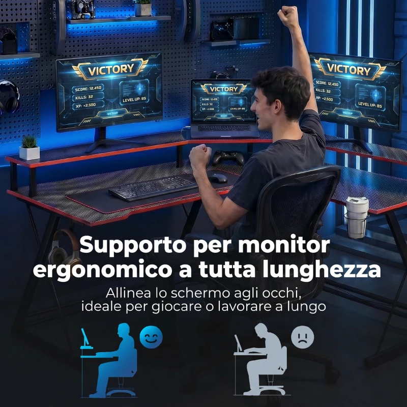 HOMCOM Scrivania da Gaming Angolare con Supporto Monitor, Gancio Cuffie e Portabicchieri, 128x128x88 cm, Nero