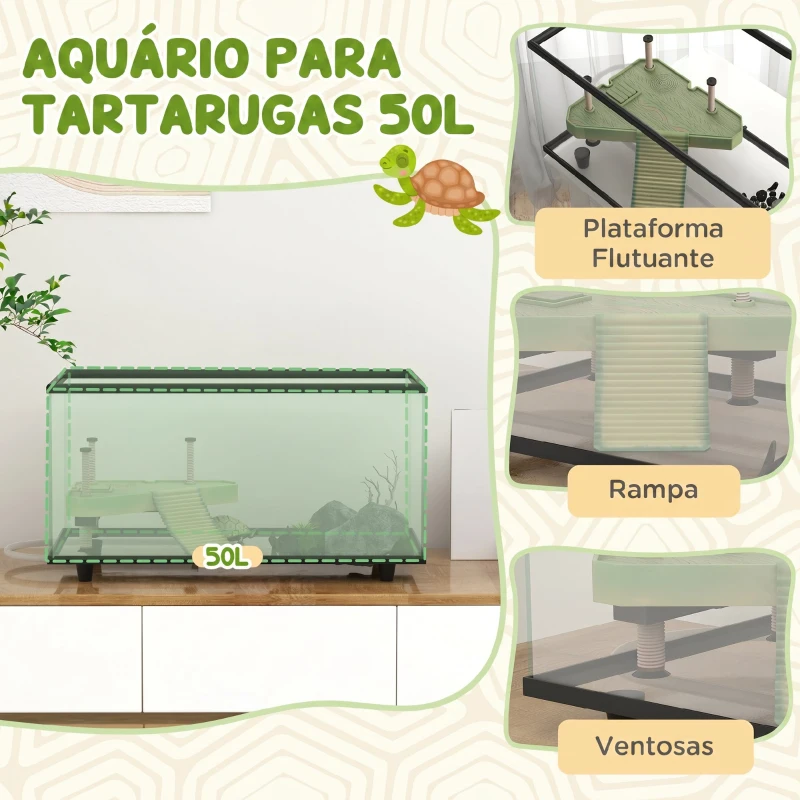 PawHut Aquário para Tartarugas 50 L com Plataforma Rampa e Termómetro 60x30x32 cm Transparente