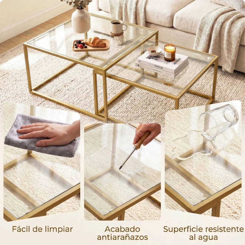 HOMCOM 2 Mesas de Centro Cuadradas Mesas Nido Modernas con Tablero de Vidrio Templado y Estructura Metálica 75x75x42 cm Dorado