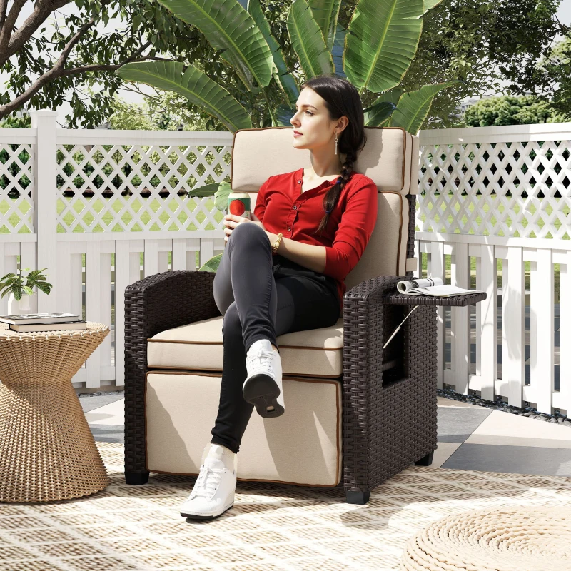Outsunny 145° Reclining Rattan Armchair, with Footrest - Brown/Khaki
