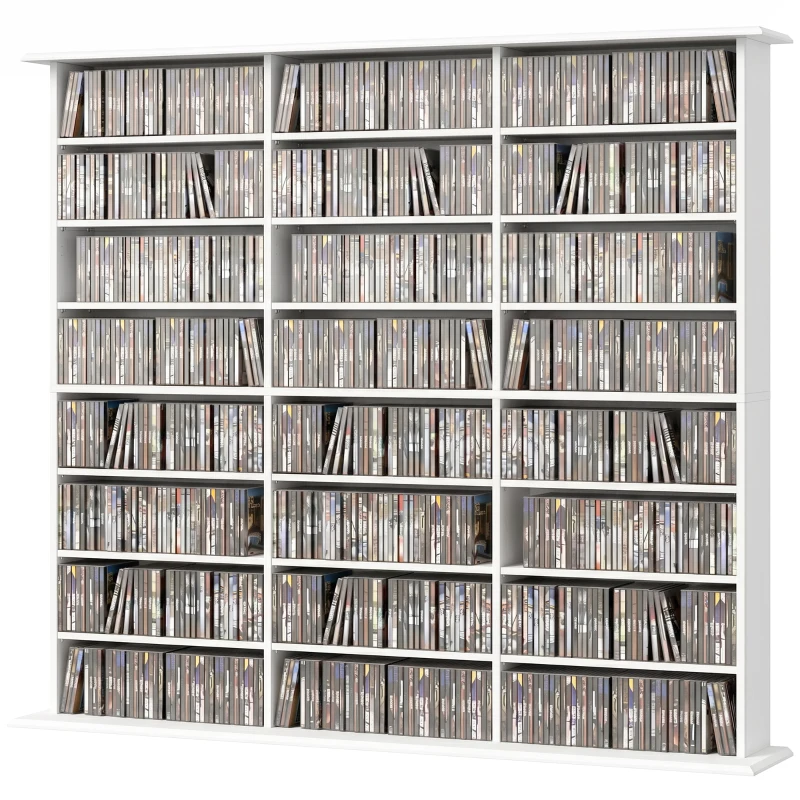 HOMCOM Mueble de Almacenamiento para 1032 CD y 594 DVD Estantería Multimedia 24 Compartimentos y 18 Estantes Ajustables Blanco