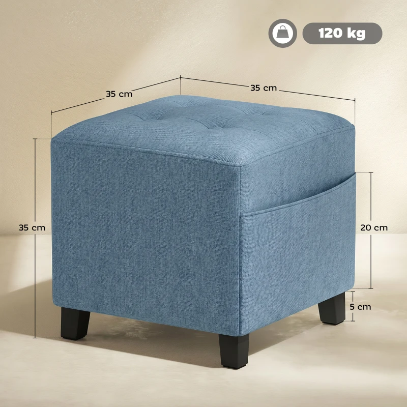 HOMCOM Small Ottoman, Square Footstool with Side Pocket, Rubber Wood Legs and Padded Seat for Living Room, Dark Blue