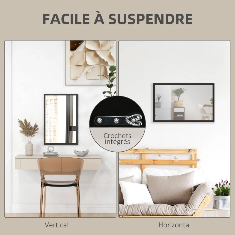 HOMCOM Miroir mural rectangulaire 50 x 70 cm, cadre en bois noir, idéal pour la salle de bain, salon ou chambre