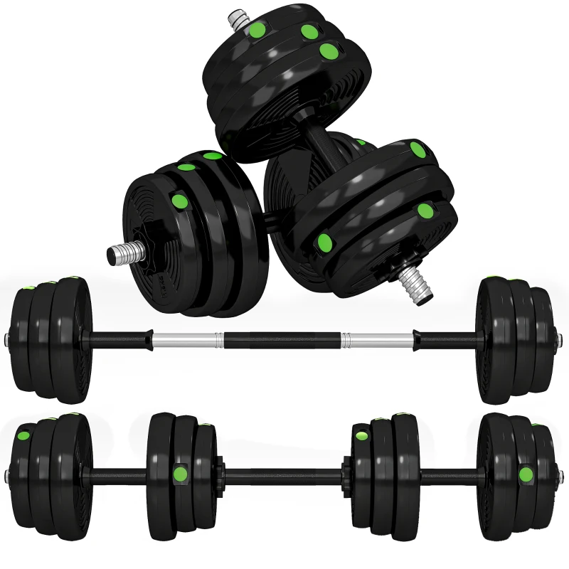 SPORTNOW 2-in-1 halterset, lange & korte halter, 25 kg, antislip, vloerbesparend, zwart/groen