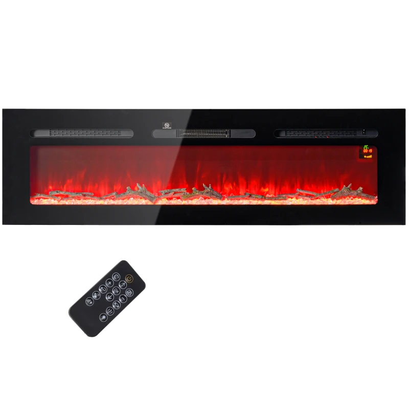 HOMCOM Chimenea eléctrica con soporte de pared y mando a distancia, troncos artificiales y cristales, potencia 1800 W, negro