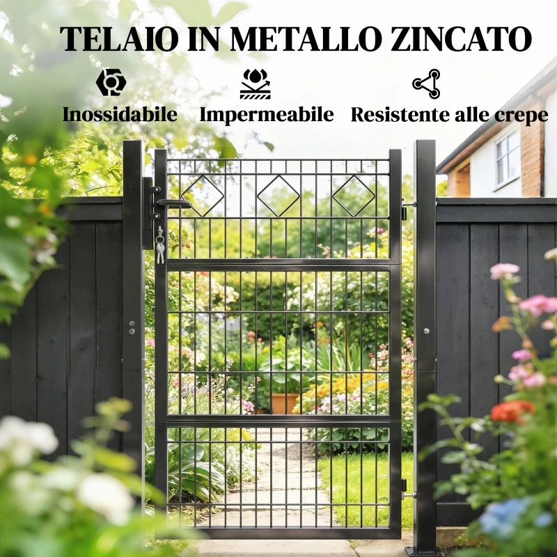 Outsunny Cancello da Giardino 100x131 cm in Metallo Zincato con Serratura, 3 Chiavi e Maniglia, Grigio Scuro