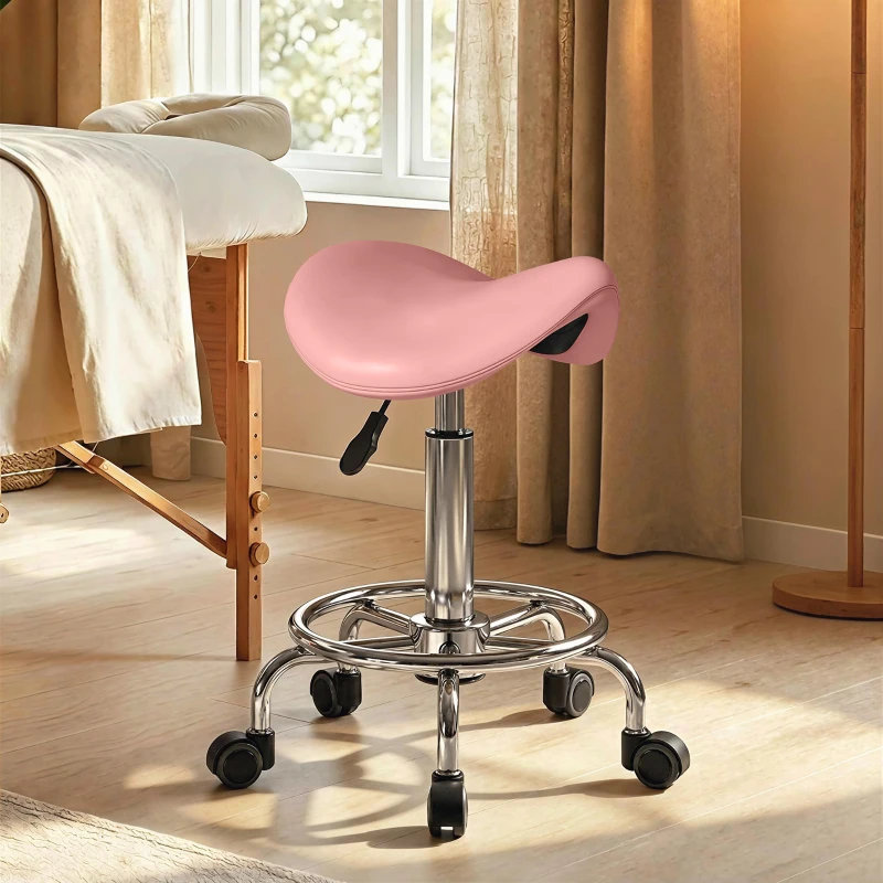 HOMCOM Salon Saddle Stool, Rolling Saddle Chair for Massage, Spa, Clinic, Beauty, Hairdressing and Tattoo, Pink