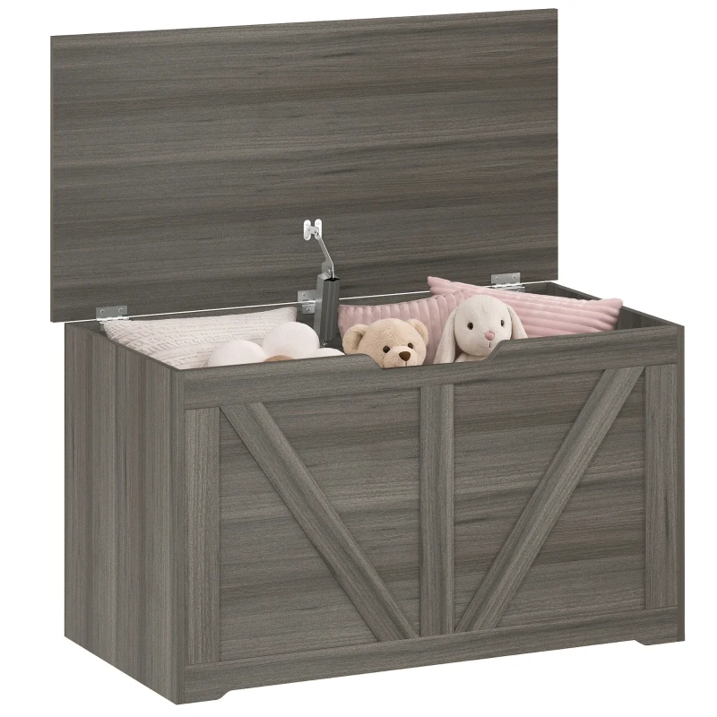HOMCOM 100L Home Storage Box, with Safety Hinge - Dark Grey Wood-Effect
