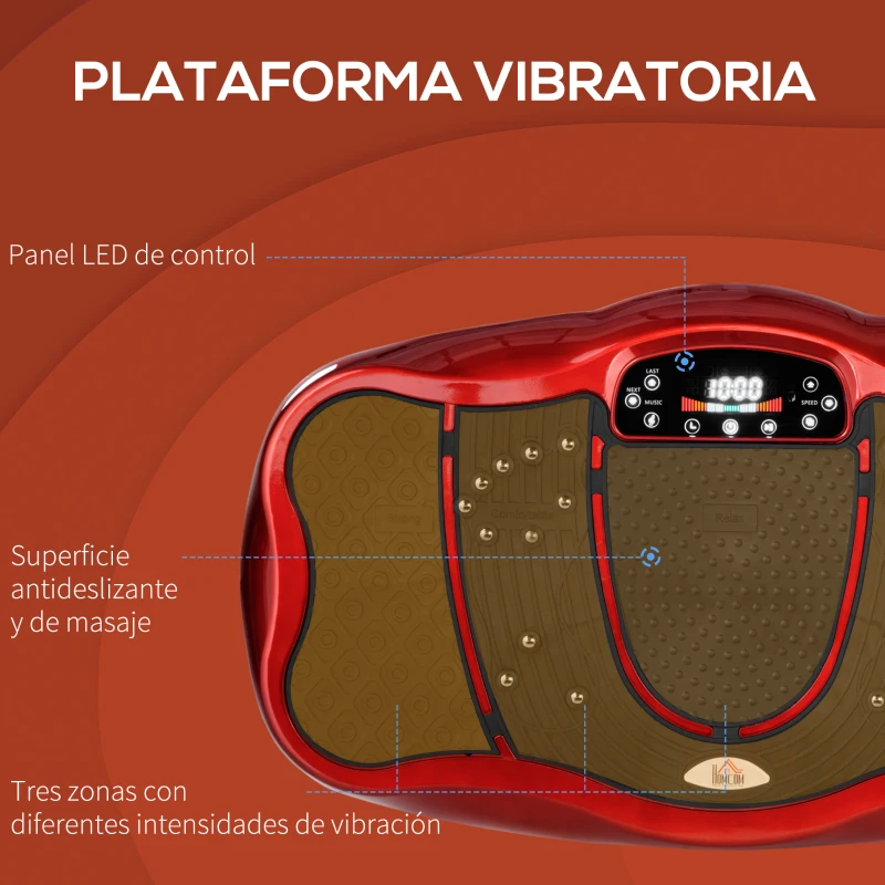 HOMCOM Plataforma Vibratoria con Pantalla LED Velocidad Ajustable USB Mando a Distancia y Banda Elástica 78x45x13 cm Negro y Rojo