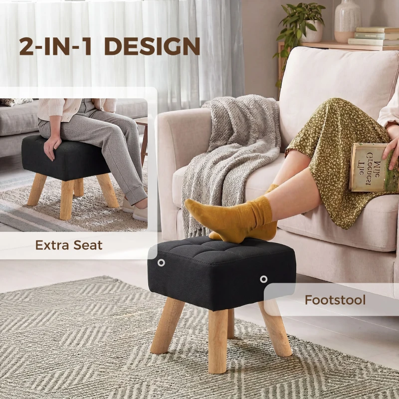 HOMCOM Linen-Look Square Padded Footstool - Black